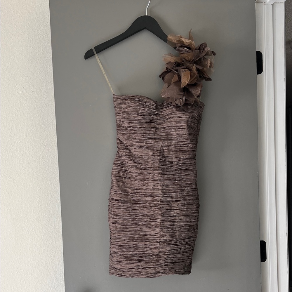 One-Shoulder Brown Dress with Floral Accent
